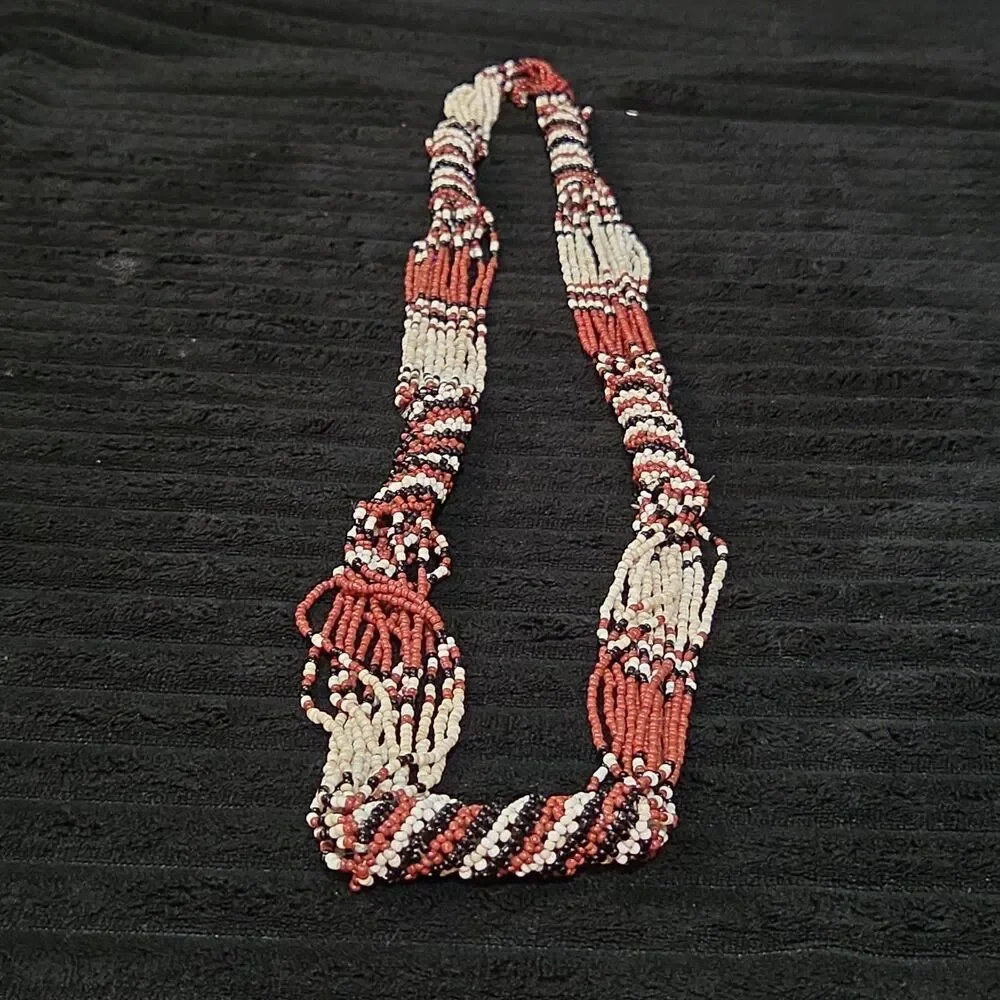 Multi-Strand Seed Bead Twisted Necklace Red Black Boho EUC